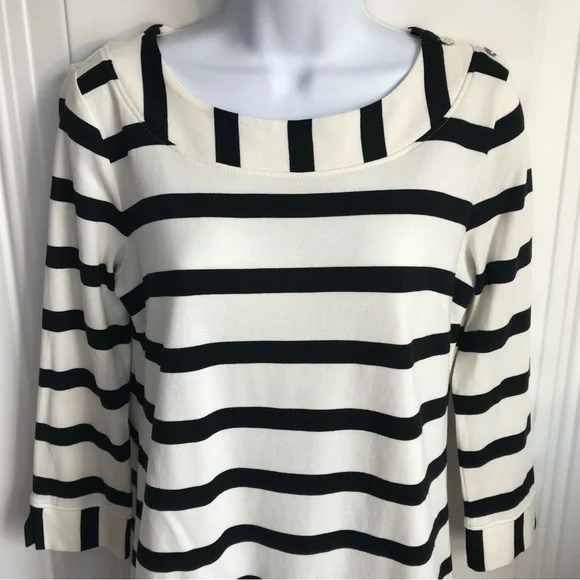 🔴 4/$15 Talbots Women’s S Black & Ivory Stripe Cotton 3/4 Sleeve Knit Top in EUC - Picture 7 of 14